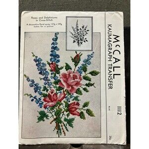 McCALL Kaumagraph Transfer No. 1112, Roses and Delphiniums in Cross-Stitch 1944